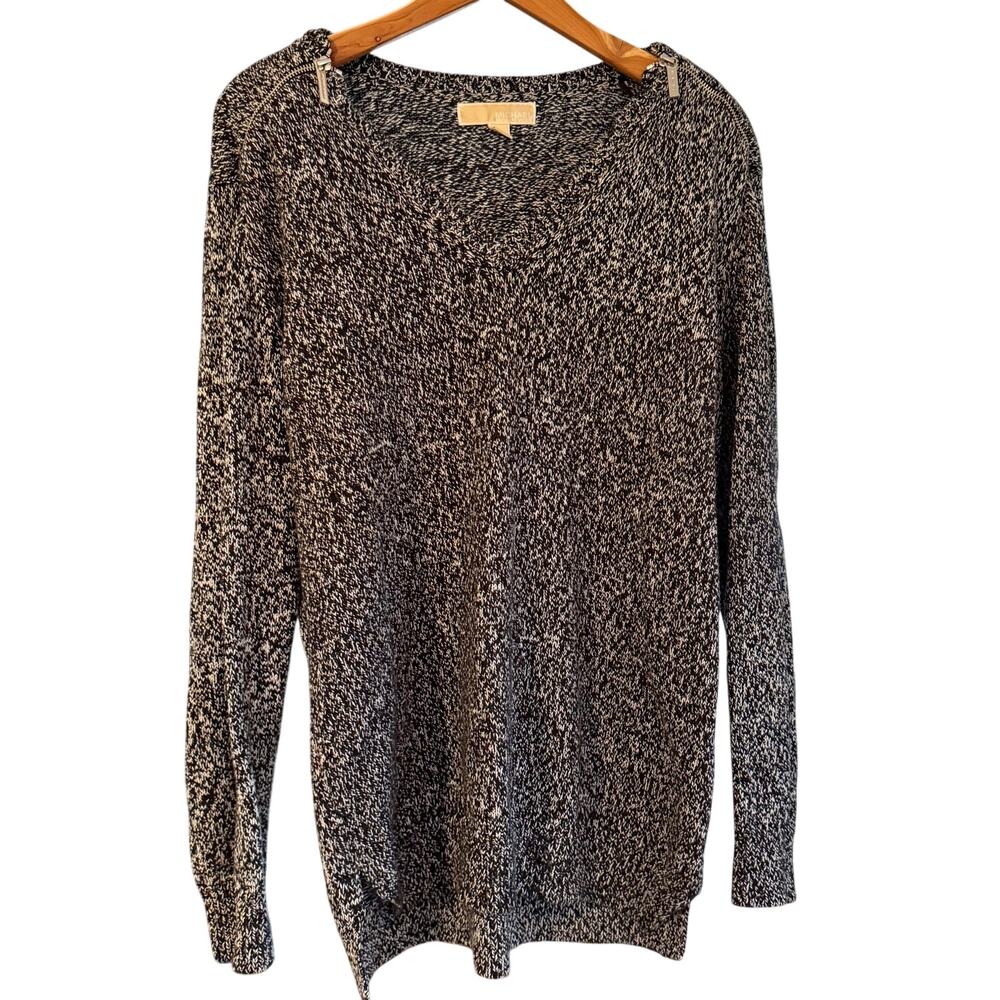 Michael Kors Marled Knit Oversized Sweater Zip Shoulder Black White Size L